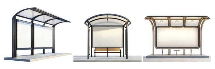 Set of bus stop shelters isolated on transparent background modern public transport waiting area