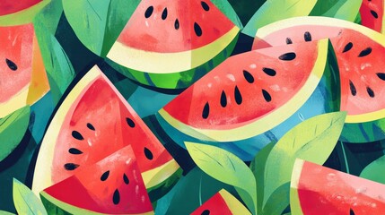 A vibrant and cheerful illustration showcasing fresh watermelon slices surrounded by lush green leaves, symbolizing summer, refreshment, sweetness, nature, and healthy eating.