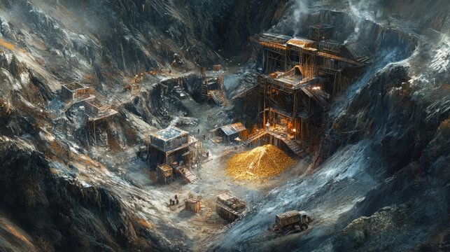 A remote gold mining camp nestled in rugged terrain with miners extracting gold from the earth