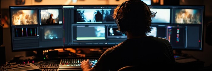 A video editor sits in front of multiple screens, working on a project. The screens show different video clips and footage. The editor is focused on their work