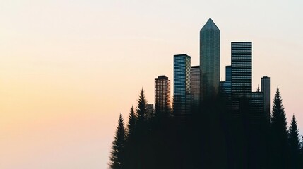 Ecosystem harmony in digital city close up, focus on, copy space with vibrant greenery Double exposure silhouette with urban landscape