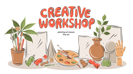 Creative workshop. Workplace, drawing on canvas, artistic stuff. Poster design for painting education. Painters stationery. Vector illustration
