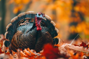 Wild Turkey in Autumn Forest Surrounded by Fallen Leaves