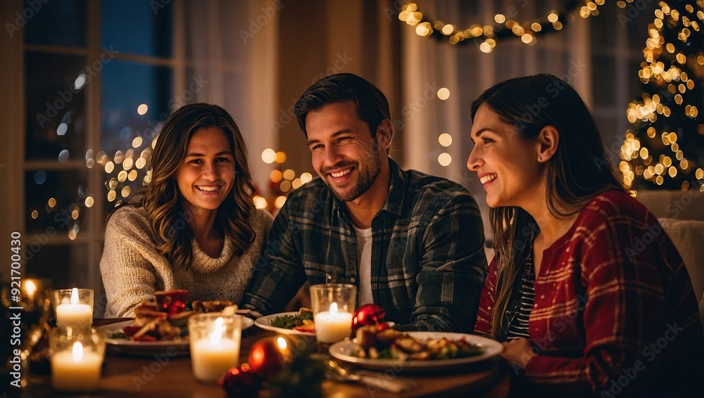 Wall mural Family celebrating Christmas at home, having dinner