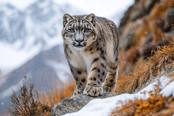 Fototapeta premium Snow leopard walking in snowy mountain landscape gracefully.