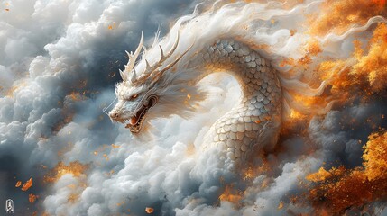 Auspicious Dragon Amidst Clouds: A dragon surrounded by traditional clouds, rendered in ancient style, symbolizing divine protection