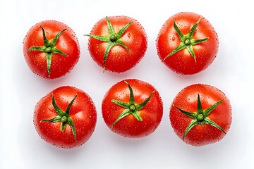 Fototapeta premium Six red ripe tomatoes with water droplets on a white background.