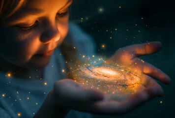 Fototapeta premium a galaxy in a child's hands, kid imagination and exploration concept 