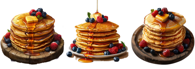 Set of fluffy pancake stack with dripping maple syrup and fresh berries, isolated on transparent background