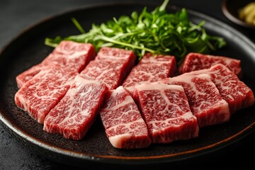 Fototapeta premium Close-up shot of a delicious arrangement of raw beef slices, perfect for yakiniku BBQ, on a black plate with a garnish of fresh green herbs.