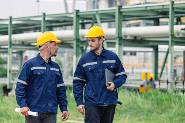 Engineer worker team working outdoor, Surveyor teamwork survey gas pipe oil transport pipeline...