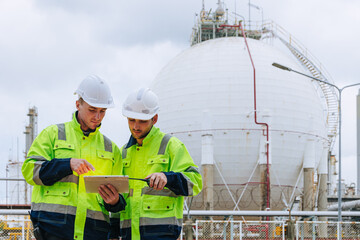 Petroleum tank engineer working together, Engineering teamwork work against oil gas storage tank...
