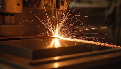 Close up of a laser cutting machine cutting steel with bright sparks at night 4