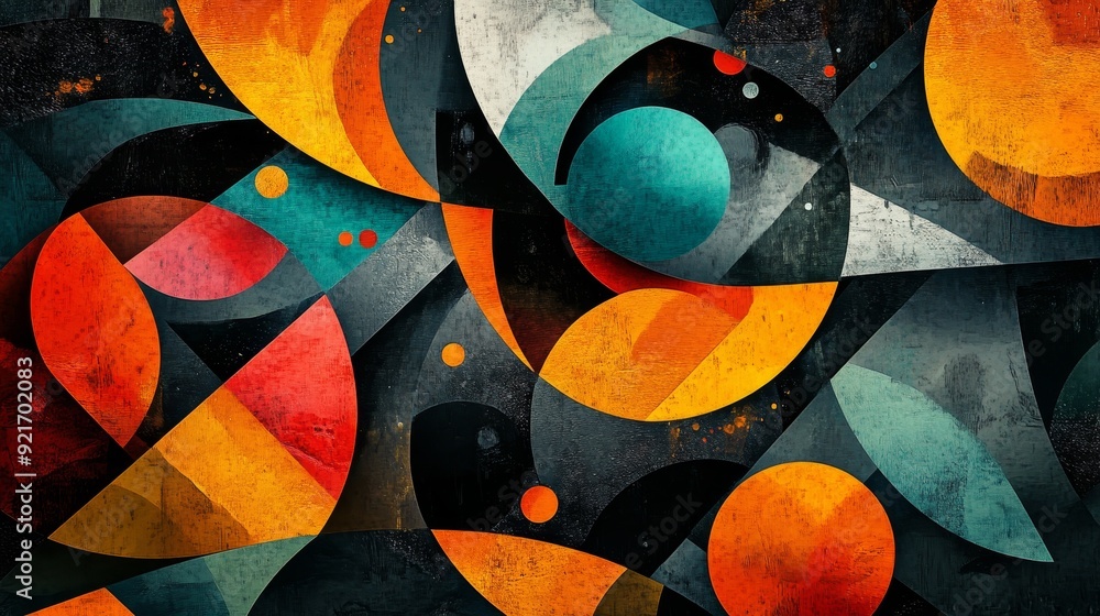 Poster this image features a captivating abstract composition of overlapping geometric shapes. bold colors 