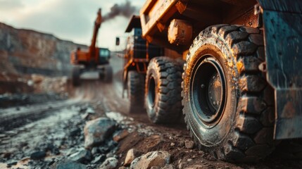 Fototapeta premium huge yellow mining truck on a dirt road with a trail of dust