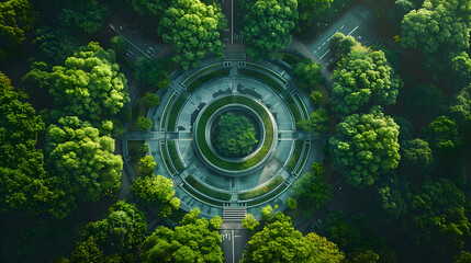 Fototapeta premium A view from above showing a circular building in a green city park with surrounding trees and geometric design features