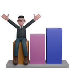 3D Illustration of an Educational Professional. A man in a suit sits over a bar chart, with his arms raised high. Male Teacher