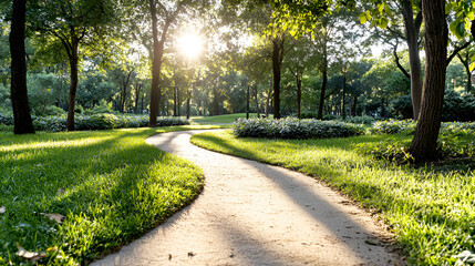 Peaceful Park Path: Sunny Day Stroll with Tranquil Green Scenery