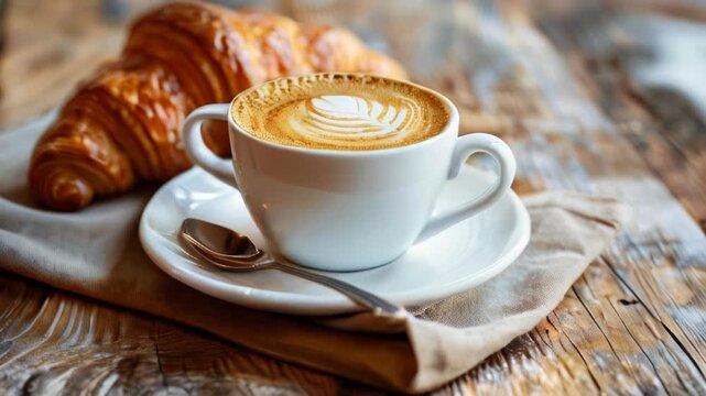 A cup of coffee with a croissant on a wooden board
