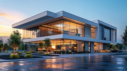 Fototapeta premium A modern industrial building with geometric design elements at dusk, creating a sleek and professional atmosphere.