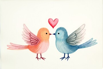 Fototapeta premium Cute lovebirds affectionately kissing under heart symbol against white background with copy space