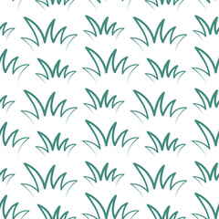 Grass. Green bushes. Seamless vector pattern. Isolated colorless background. Endless summer ornament from vegetation for lawn. Doodle style. Idea for web design, wallpaper.