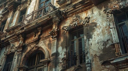 Fototapeta premium A vintage building facade with weathered concrete and intricate architectural details, creating a nostalgic and historic atmosphere.