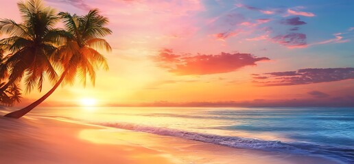 Idyllic tropical beach at sunset with palm trees, golden sand, and turquoise waves.