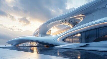 Fototapeta premium A futuristic architectural structure with fluid lines and minimalist design in a modern environment, creating a sleek and elegant atmosphere.