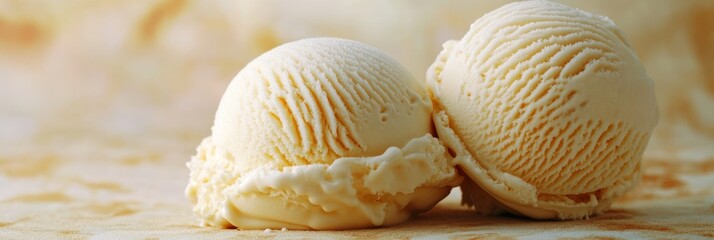 Two scoops of creamy vanilla ice cream, melting slightly, on a light background. This image evokes concepts of sweetness, indulgence, summer, refreshment, and dessert.