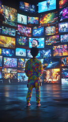 Obraz premium Young Gamer Immersed in Video Wall Displaying Colorful Game Screens 