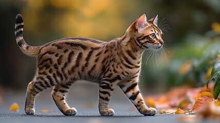A beautiful Bengal cat walks along a path surrounded by fallen leaves.