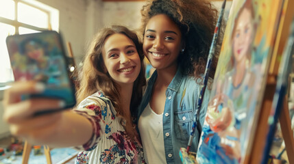 Obraz premium Young Women Taking a Selfie While Painting in an Art Studio: Two young women, cropped shot