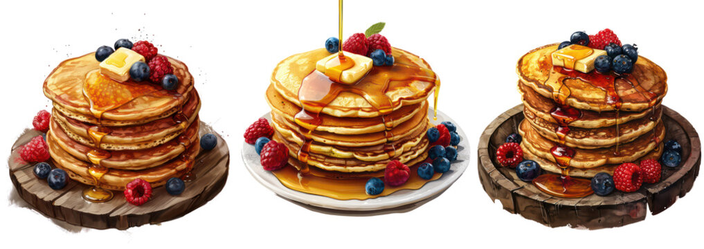 Set of fluffy pancake stack with dripping maple syrup and fresh berries, isolated on transparent background