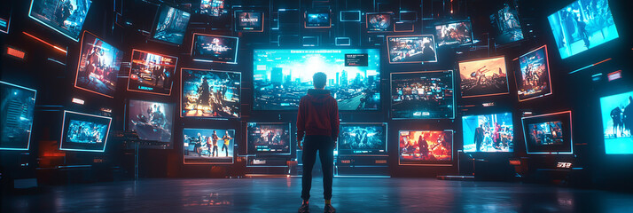 Man Standing in Futuristic Control Room with Multiple Screens 