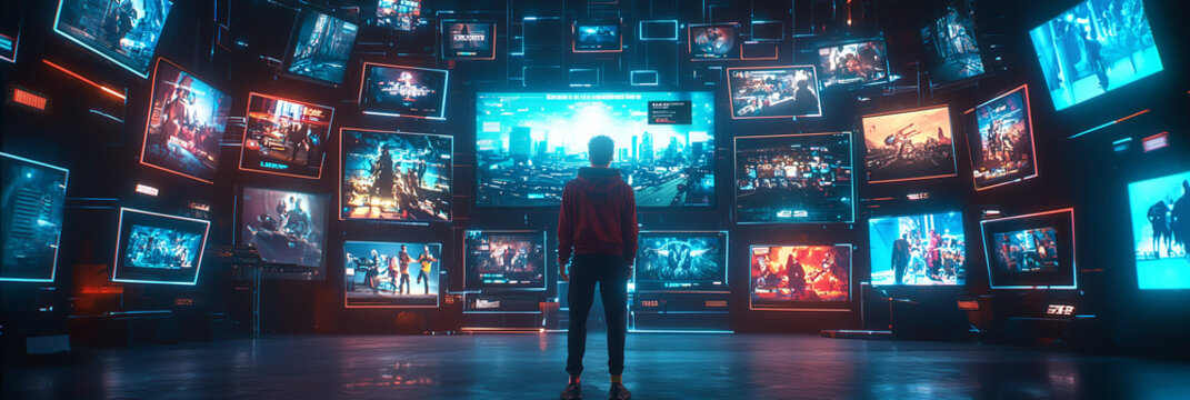 Man Standing in Futuristic Control Room with Multiple Screens 