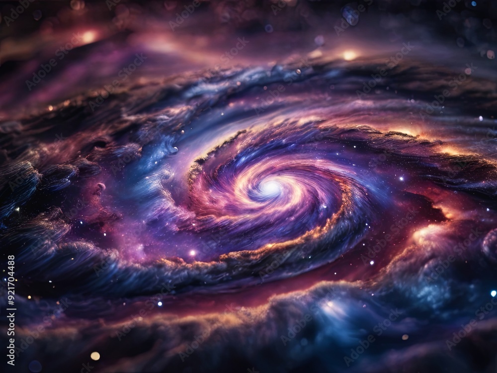 Poster swirling clouds of gas and dust form a vibrant spiral pattern, illuminated by countless distant star