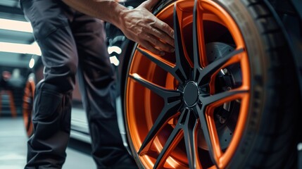 Close Up of an Orange and Black Alloy Wheel