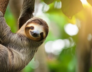 Fototapeta premium three toed sloth hanging from tree
