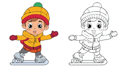 
Coloring page features a simple drawing of red yellow with baby boy & girl ice skating, designed cartoon character image for young children