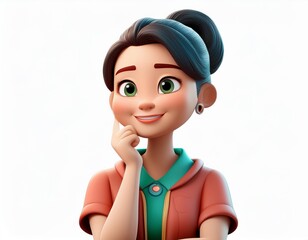 Thinking smiling happiness cartoon character woman portrait in 3d style design