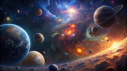 Various planets float in a vast expanse, surrounded by swirling nebulae and cosmic colors, illustrating the beauty of the universe
