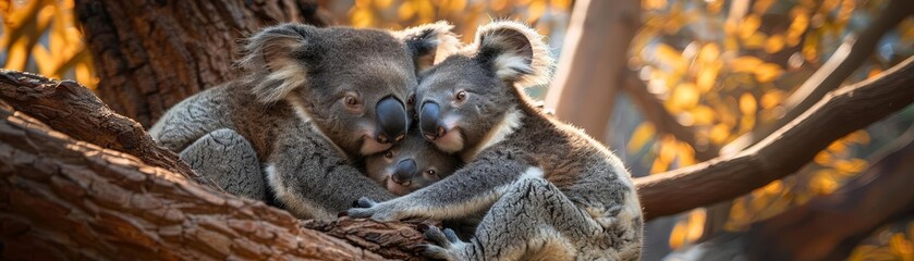 Naklejka premium Koala family cuddling on a eucalyptus tree, cute baby animal family, peaceful Australian habitat