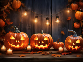 Fototapeta premium Eyecatching Halloween pumpkins and candles front view