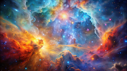 Fototapeta premium A vibrant cosmic nebula glows with swirling colors, stars twinkling in the backdrop of deep space, creating a mesmerizing celestial view