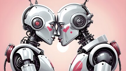 Fototapeta premium Romantic illustration of two kissing robots