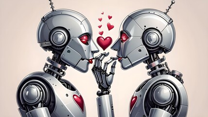 Fototapeta premium Romantic illustration of two kissing robots