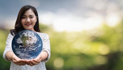 Naklejka premium Woman hand holding earth, earth day, sustainable living concept, save planet environmental 