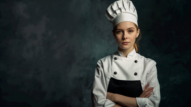 A young Caucasian female chef stands confidently with arms crossed in a white uniform and hat, set against a textured dark green background.