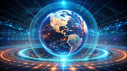 Fototapeta premium A digital globe with vibrant lights highlights Earth amidst a backdrop of tech-driven data visualization